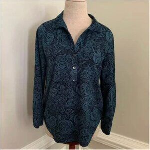 Rock & Republic Teal & Black Rose Print Popover Roll Tab Sleeves Blouse Size XS